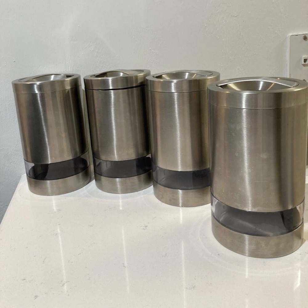 Set of 4 Brushed Steel Clear Acrylic Window Food Storage Kitchen Canister Jar